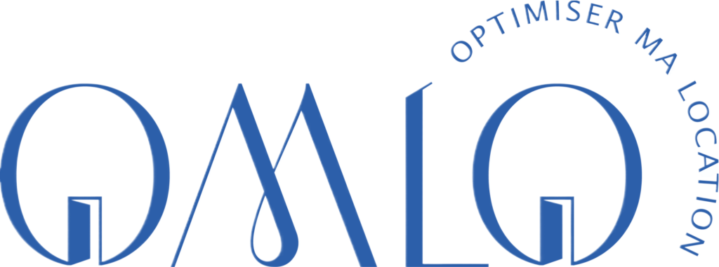 Logotype OMLO bleu avec typographie moderne et slogan "Optimiser ma location" incurvé sur la lettre O.